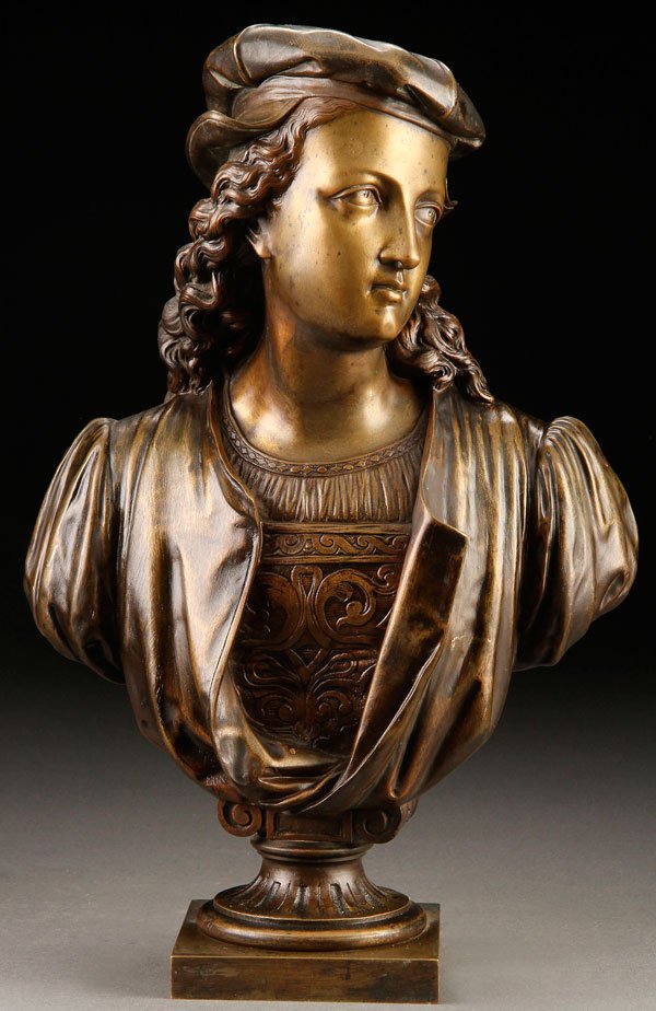 A BRONZE BUST OF RAPHAEL, 19TH CENTURY: A BRONZE BUST OF THE YOUNG ARTIST RAPHAEL, PROBABLY FRENCH, 19TH CENTURY. Unsigned. Height 14.75 inches (37.5 cm).