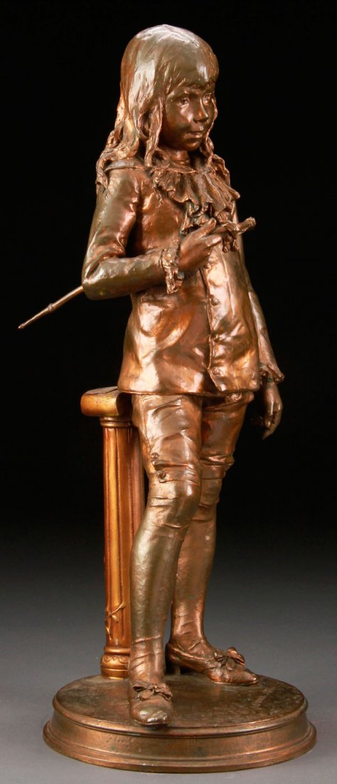 A FRENCH BRONZE SCULPTURE BY STEINER, DATED 1885: CLEMENT LEOPOLD STEINER(French 1853-1899) The Young Master- 1885 Bronze with brown patina Inscribed on base L. Steiner and dated 1885 Height 25.5 inches (64.6 cm)