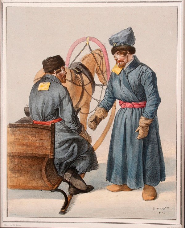 19TH CENTURY RUSSIAN HAND COLORED PRINT: A 19TH CENTURY RUSSIAN HAND COLORED LITHOGRAPH OF TWO WINTER COACHMEN, VASILI FEDOROVICH TIMM (RUSSIAN 1820-1895). Signed in plate lower right and dated 1843. 9.5 inches x 8 inches (24 x 20 cm).