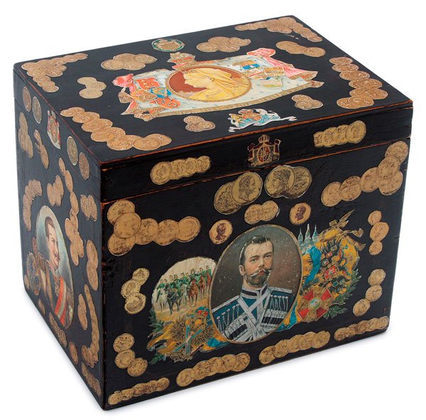 INTERESTING IMPERIAL THEMED DECOUPAGE WOOD BOX: AN INTERESTING IMPERIAL THEMED DECOUPAGE WOOD BOX, 19TH CENTURY. The front sides and lid decorated with various color lithograph images of monarchs including Nicholas II on the front, Queen Victoria o
