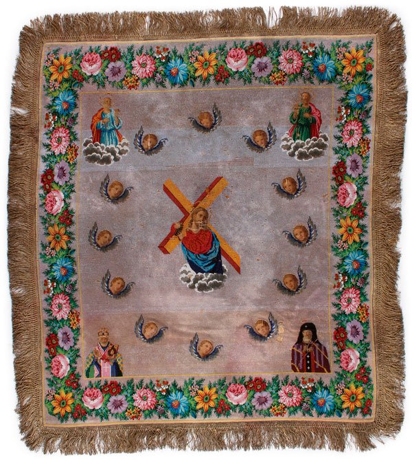 BEADED AND SILK CHALLICE COVER, 19TH CENTURY: AN INTERESTING BEADED, PAINTED SILK AND BOULLION CHALICE COVER, 19TH CENTURY. At center, Christ carrying the cross encircled by 12 winged cherub heads. At upper left, St. Peter and upper right, St. Pa