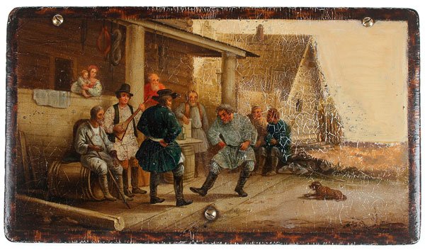 A RUSSIAN LACQUER BOX, LUKUTIN, CIRCA 1860: A RUSSIAN LACQUER BOX, LUKUTIN, CIRCA 1860. The hinged lid painted with a village scene of peasants dancing. The sides in faux ivory and banded in faux tortoise shell. The interior with Lukutin mark b