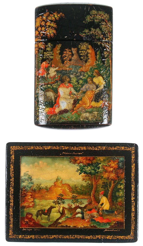 RUSSIAN LACQUER CASE & BOX, PALEKH & MSTERA: A RUSSIAN LACQUER CIGARETTE CASE AND BOX, PALEKH, 1934 AND MSTERA, 1944. The first of elongated oval form with over fitted lid, painted with a romantic scene of the shepherd, artist signed Zudkov. The