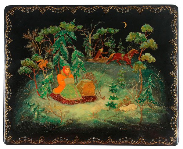 RUSSIAN LACQUER PRESENTATION BOX, PALEKH, 1954: A LARGE RUSSIAN LACQUER PRESENTATION BOX, PALEKH, 1954. Finely painted with a fairytale scene, signed and dated Palekh, 1954 and artist signed Z. Sineva?. Interior lid further inscribed To Colonel Pio