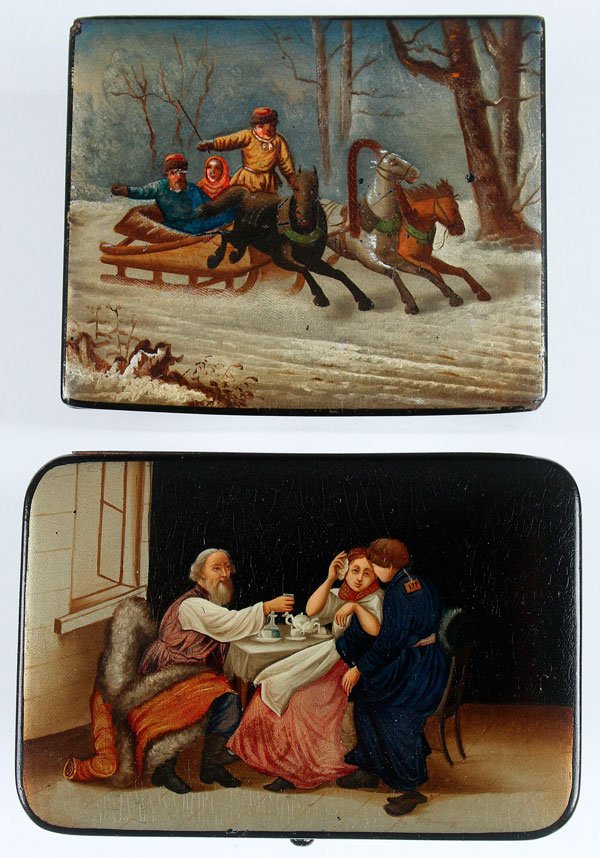 TWO RUSSIAN LACQUER BOXES, VISHNIAKOV AND LUKUTIN: TWO RUSSIAN LACQUER BOXES, VISHNIAKOV AND LUKUTIN, 19TH CENTURY. The first a tea box depicting a Russian winter troika scene, lid interior marked Lukutin under Imperial Warrant. The second with an int