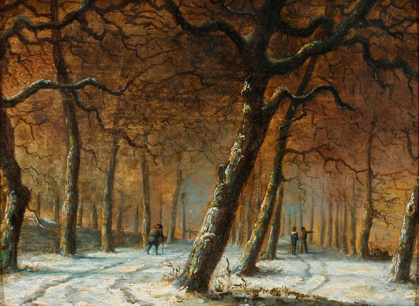 WINTER LANDSCAPE PAINTING ON OAK PANEL: Circle of REMIGIUS ADRIANUS VAN HAANEN(Dutch 1812-1894) Winter Wooded Landscape with Travelers Oil on oak panel 7.25 inches x 10 inches (18.4 x 25.4 cm) Contained in a burled maple frame