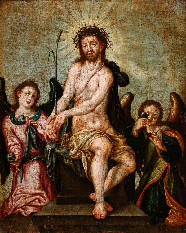 18TH CENTURY GERMAN PAINTING ON OAK PANEL: GERMAN SCHOOL(18th century)Schmerzensmann- Man of Sorrows, circa 1725Oil on oak panelUnsigned14.25 inches x 11.5 inches (36.5 x 29 cm) This popular devotional subject is taken from the Old Testament