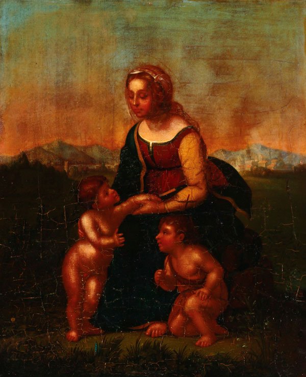 PAINTING OF MADONNA AND CHILD, AFTER RAPHAEL: After RAPHAEL(Italian 1483-1520) La Belle Jardinière (Madonna and Child with St. John the Baptist)- 19th century Oil on wood panel 15.25 inches x 12.25 inches (38.7 x 31 cm)