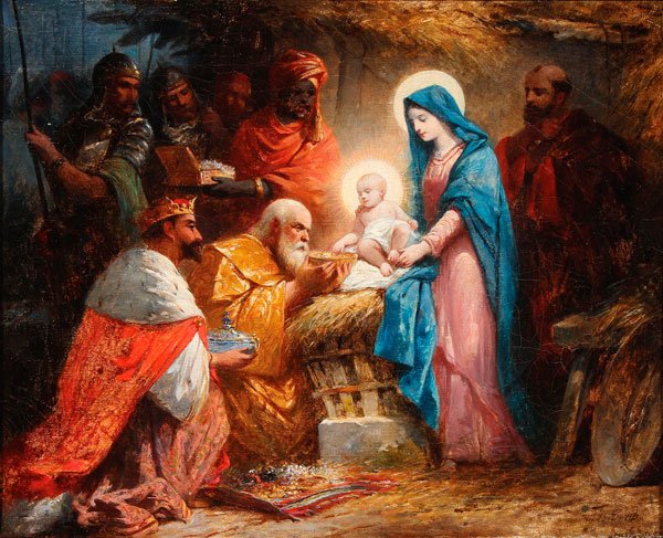 19TH C FRENCH PAINTING, ADORATION OF THE MAGI: JULES DAVID(French 1808-1892) The Adoration of the Magi Oil on canvas Signed lower right 13.25 inches x 16.1 inches (34 x 41 cm) While Jules David is mostly known through his extensive work as a paint