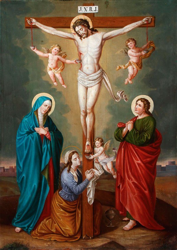 UNIQUE CRUCIFIXION PAINTING, CIRCA 1875: GERMAN SCHOOL(19th century)The Crucified Christ with Angels Collecting Spilt Blood- circa 1875Oil on canvasIndistinguishably signed lower right A. Hilmer?32.5 inches x 23.25 inches (82.5 x 59 cm)