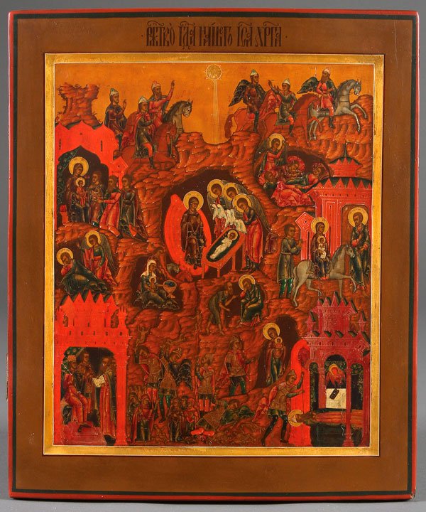 A LARGE RUSSIAN ICON OF THE NATIVITY, YAROSLAV: A LARGE AND FINE RUSSIAN ICON OF THE NATIVITY AND RELATED SCENES, YAROSLAV, 19TH CENTURY. A finely painted icon. In this complex and ornate rendering, the entire Nativity narrative is illustrated incl