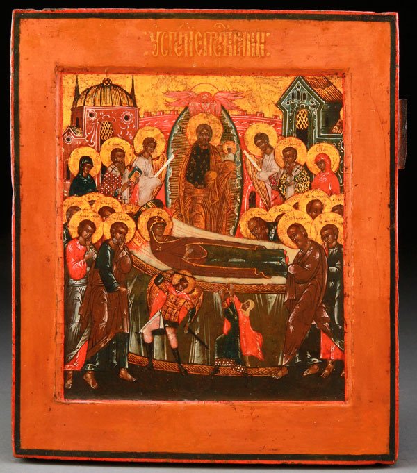 A RUSSIAN ICON OF THE DORMITION MOTHER OF GOD: A RUSSIAN ICON OF THE DORMITION MOTHER OF GOD, 19TH CENTURY. A colorful and complex icon, clearly modeled on an earlier 16th century example, in a very fine state of preservation. 12.25 inches x 10.5 
