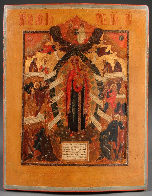 A FINE RUSSIAN ICON, PALEKH, CIRCA 1800: A FINE RUSSIAN ICON OF THE JOY TO ALL WHO SORROW MOTHER OF GOD, PALEKH, CIRCA 1800. Finely rendered in classic Palekh style and palette, the Kovcheg decorated with scrolling foliage rendered in gilt.