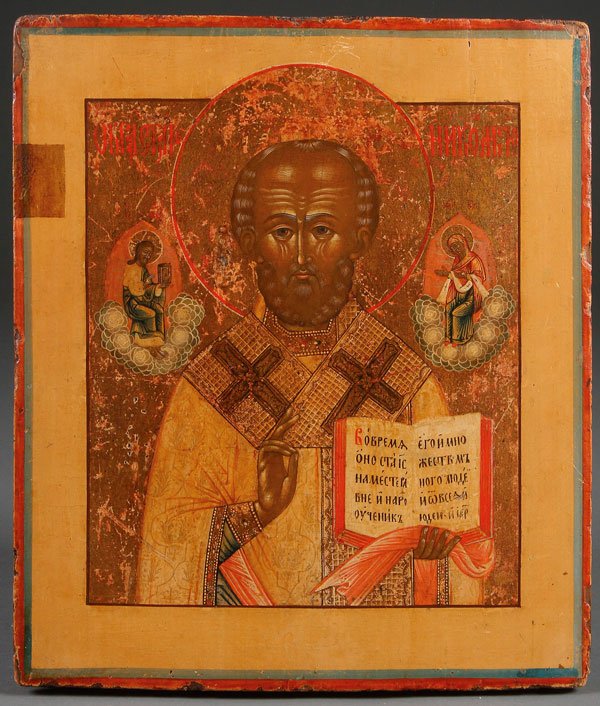 A RUSSIAN ICON OF SAINT NICHOLAS, 18TH CENTURY: A RUSSIAN ICON OF SAINT NICHOLAS, 18TH CENTURY. Finely painted and in a good state of original preservation. 13.5 inches x 11.75 inches (34.4 x 29.7 cm).