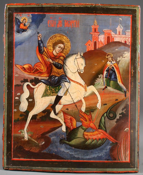A RUSSIAN ICON OF SAINT GEORGE, 19TH CENTURY: A RUSSIAN ICON OF SAINT GEORGE, 19TH CENTURY. A large and colorful icon depicting Saint George atop a white steed thrusting his lance into the dragon beneath him. 21 inches x 17 inches (53.3 x 43.2 cm