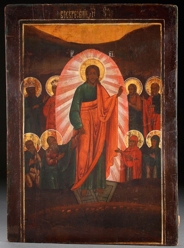 A RUSSIAN ICON OF THE DESCENT INTO HADES, 18TH C: A RUSSIAN ICON OF THE DESCENT INTO HADES, 18TH CENTURY. Most likely from the Festival Tier of a small provincial church. 26.25 inches x 19 inches (66.7 x 48.5 cm).