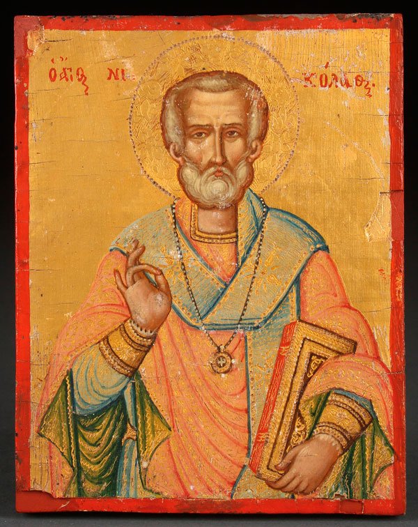 A GREEK ICON OF SAINT NICHOLAS, 18TH CENTURY: A GREEK ICON OF SAINT NICHOLAS, 18TH CENTURY. 5.5 inches x 4.25 inches (13.8 x 10.8 cm).