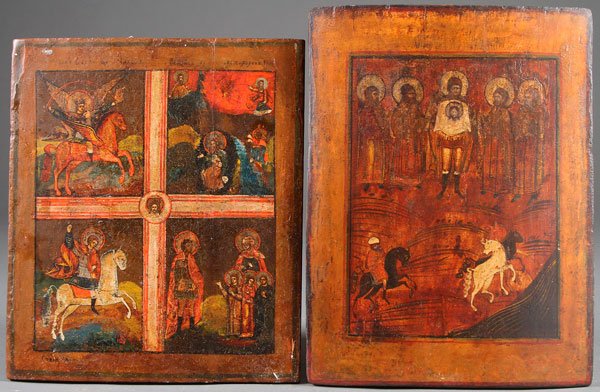 A PAIR OF RUSSIAN ICONS, 19TH CENTURY: A PAIR OF RUSSIAN ICONS, 19TH CENTURY. Comprising a four part icon depicting the Archangel Michael, the Fiery Ascension of Elijah, St. George and St. Sophia with her children, Vera, Nadezhda, and Lubo