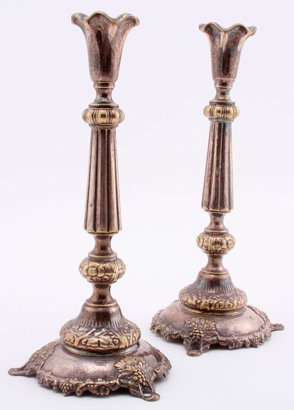 PAIR OF RUSSIAN/POLISH SILVER PLATED CANDLESTICKS