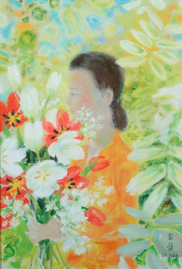 LE PHO, VIETNAMESE OIL PAINTING: LE PHO(Vietnamese 1907-2001)La Femme et les Seringas Oil on canvasSigned lower right "Le Pho" and with Chinese characters22.75 inches x 16.25 inches (57.7 x 42.5 cm)Provenance:Purchased b