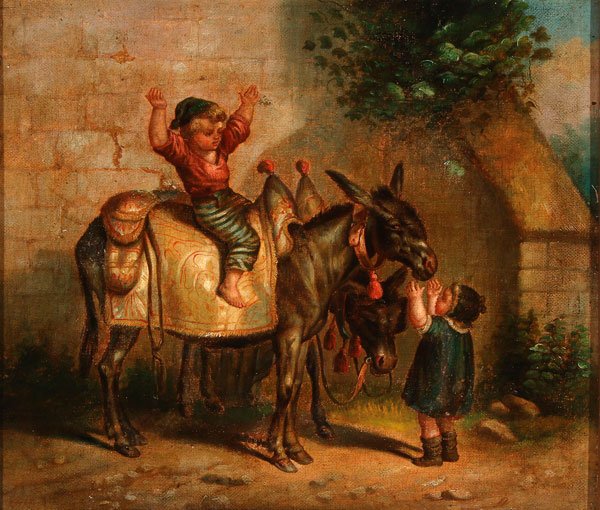 19TH CENTURY PAINTING OF CHILDREN WITH DONKEYS: CONTINENTAL SCHOOL (19th century) Children Playing with Donkeys Oil on canvas Unsigned 10 inches x 11.5 inches (25.4 x 29.2 cm)