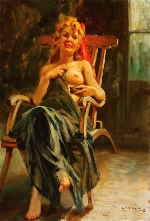 DURANDO TOGO RICHARD, NUDE OIL PAINTING: DURANDO TOGO RICHARD(Argentinian b. 1910) A Seated Partially Nude Woman- circa 1950 Oil on canvas Signed lower right 21.75 inches x 15 inches (55.2 x 38.1 cm)