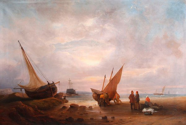 LARGE BRITISH MARINE PAINTING, CIRCA 1880: BRITISH SCHOOL(19th century)Expansive Shoreline Scene with Fishermen- circa 1880Oil on canvasUnsigned37.25 inches x 53.5 inches (94.6 x 135.9 cm)