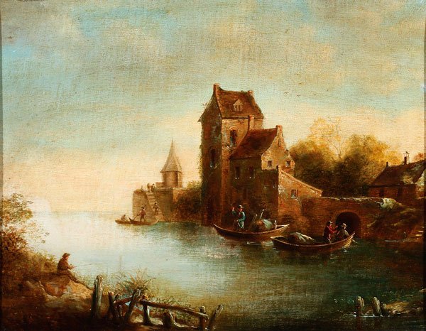 19TH CENTURY EUROPEAN PAINTING: CONTINENTAL SCHOOL (19th century) A River Landscape with Buildings and Figures in Boats Oil on canvas Unsigned, paper label on verso with illegible inscription 11 inches x 14 inches (27.9 x 35.5 cm)