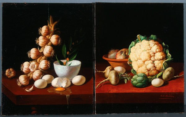 PAIR SPANISH STILL LIFE PAINTINGS, ARTIST SIGNED: MANUEL VENTURA MILLAN(Spanish 1923-1984) A Pair of Still Lifes with Vegetables and Eggs Oil on canvas Each signed lower right 16.25 inches x 13.25 inches (each) (41.3 x 33.7 cm)