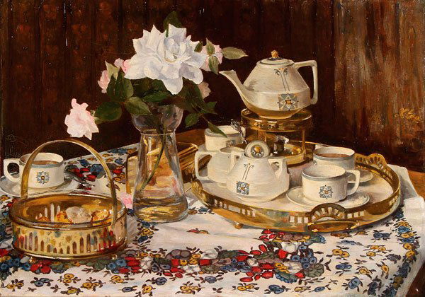 DUTCH ART DECO STILL LIFE PAINTING: DUTCH SCHOOL(20th century)Art Deco Coffee Service- circa 1925Oil on canvasIndistinguishably signed upper right 17 inches x 24.1 inches (43.2 x 61.3 cm)