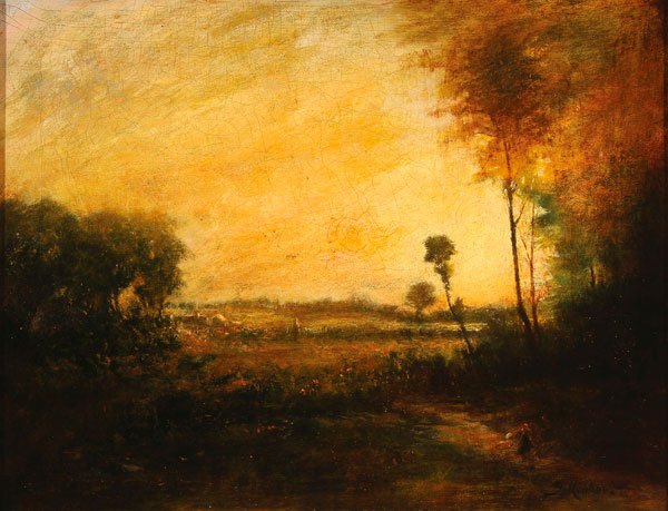 BARBIZON LANDSCAPE PAINTING, SIGNED, C 1890: GUSTAV MINKER(German/American b.1866) A Barbizon Landscape Oil on canvas Signed lower right G. Minker 16.25 inches x 21.5 inches (41.25 x 54.6 cm)