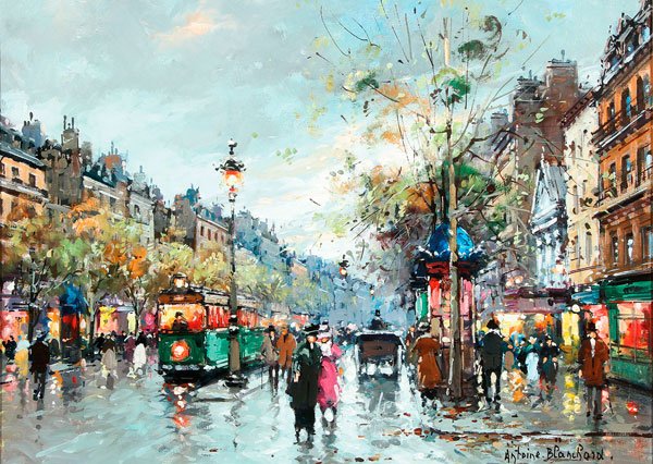 ANTOINE BLANCHARD, PARIS OIL PAINTING, SIGNED: ANTOINE BLANCHARD (French 1910-1988) Boulevard Montmartre- Théâtre des Variétés Oil on canvas Signed lower right "Antoine Blanchard" 13 inches x 18 inches (33 x 45.7 cm) Provenance: Marshall F