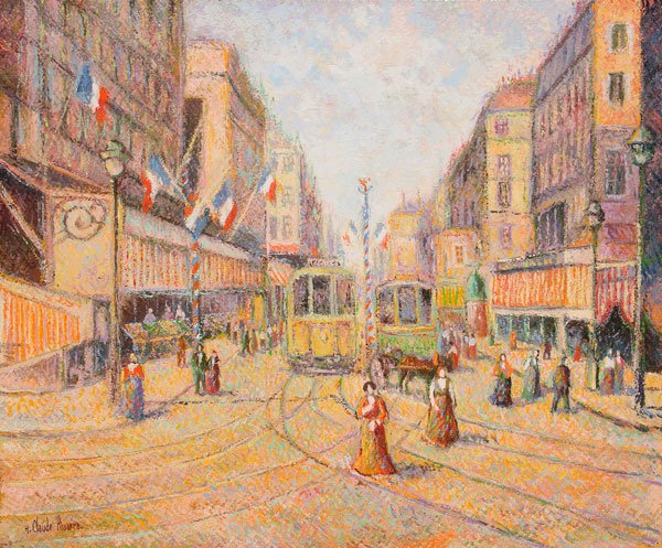 SIGNED PISSARO OIL PAINTING: HUGHES CLAUDE PISSARO (French b. 1935- ) Le 14 Jullet Oil on canvas Signed lower left and signed "H. Claude Pissaro, Le Petit Fils" and titled "Le 14 Jullet" on verso 21.5 inches x 25.75 inches (54.5 