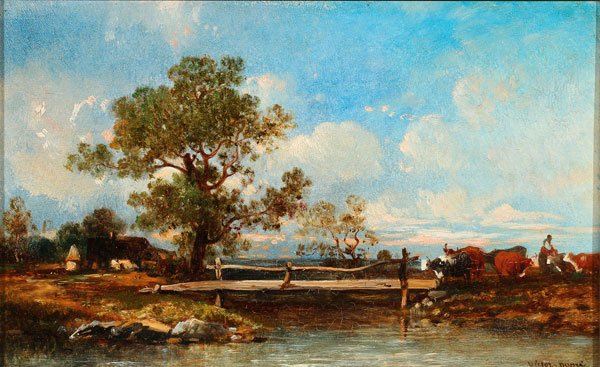 FRENCH LANDSCAPE PAINTING, SIGNED AND DATED 1853: LEON VICTOR DUPRE (French 1816-1879)Cattle by a Bridge 1853Oil on wood panelSigned lower right and dated 18536.1 inches x 9.7 inches (15.5 x 24.5 cm)