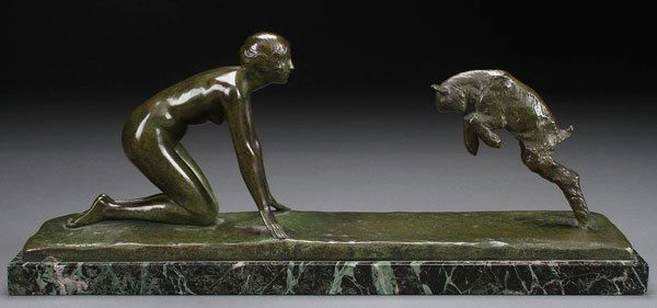 PAUL SILVESTRE BRONZE: PAUL SILVESTRE(French 1884- )Woman and Goat Bronze with verdigris patinaSigned on base and with foundry mark of Susse Freres- ParisHeight 6 inches (15.1 cm), overall height including marble base 6.75