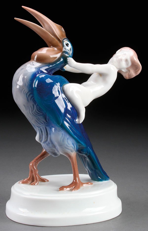 F. LIEBERMANN, ROSENTHAL "HOHE SCHULE" FIGURE: A FERDINAND LIEBERMANN FOR ROSENTHAL "HOHE SCHULE" PORCELAIN FIGURE, CIRCA 1910. Modeled as a young infant riding atop a stork. Impressed signature on base Ferdinand Liebermann with Rosenthal backstam