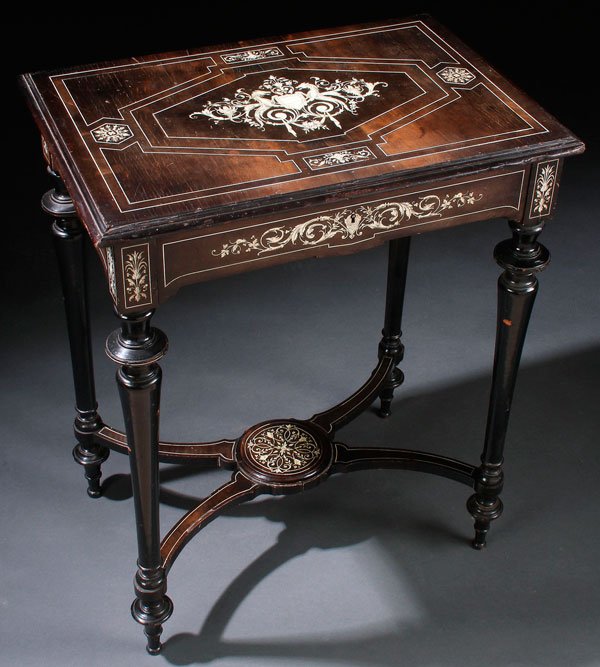 ITALIAN (MILANESE) IVORY INLAY & EBONIZED STAND: ITALIAN (MILANESE) IVORY INLAY AND EBONIZED DRESSING TABLE, 19TH CENTURY. Finely inlaid with an etched ivory design of two winged griffins supporting a shield, within scrolled foliate designs. The ski
