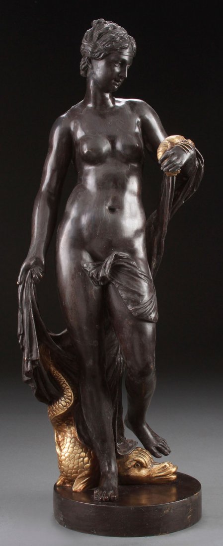 19TH CENTURY FRENCH BRONZE OF THE BATHING VENUS: A BRONZE FIGURE OF THE BATHING VENUS, 19TH CENTURY, PROBABLY FRENCH. Bronze with dark brown patina and gilt highlights. Apparently unmarked. Height 22.25 inches (56.5 cm).