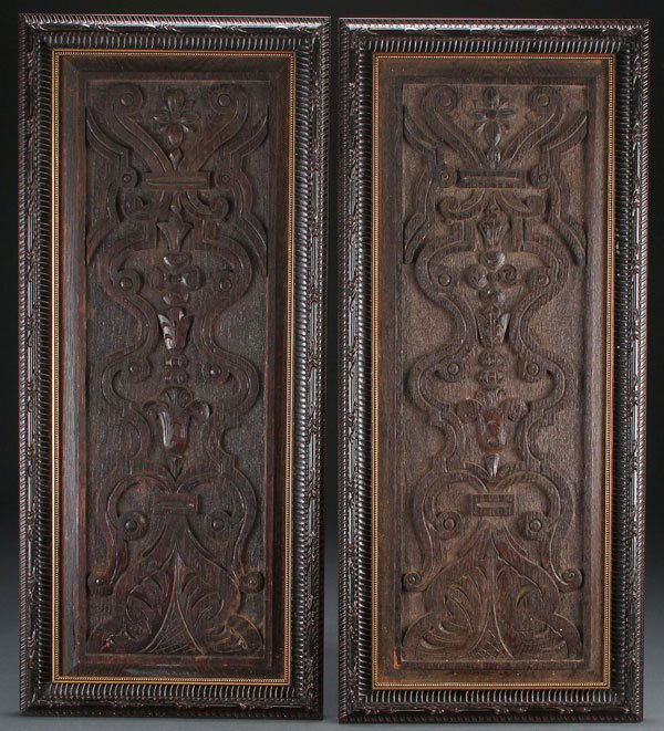 PAIR RENAISSANCE STYLE CARVED OAK PANELS,C 1890: A PAIR OF RENAISSANCE STYLE CARVED OAK WOOD ARCHITECTURAL PANELS, CIRCA 1890. Framed. 33 inches x 14 inches (83.8 x 35.6 cm).