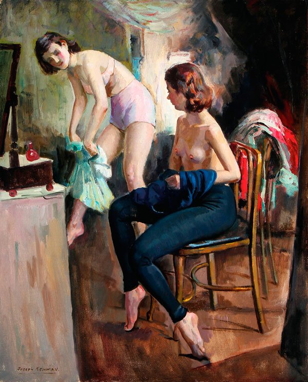 JOSEPH NEWMAN, NUDE DANCERS PAINTING, EXHIBITED: JOSEPH NEWMAN(American 1890-1979)Two Dancers- circa 1950Oil on canvasSigned lower left and verso with Salmagundi Club Exhibition label and inscribed on verso with title30 inches x 24 inches