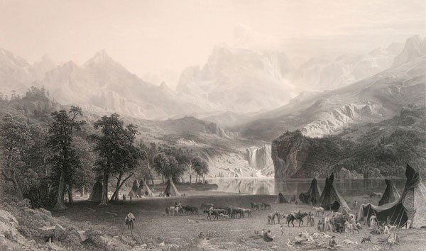 ALBERT BIERSTADT, STEEL ENGRAVING, 1866: After ALBERT BIERSTADT(American 1830-1902)The Rocky Mountains - 1866Steel engraving by James SmithImage size 16.75 inches x 28 inchesAfter traveling in an expedition to the West in 1859 under the dire