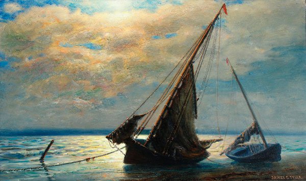 JAMES GALE TYLER SEASCAPE PAINTING: JAMES GALE TYLER(American 1855-1931) Seascape with Boats at Dawn Oil on canvas Signed lower right "James G. Tyler" 14 inches x 23 inches