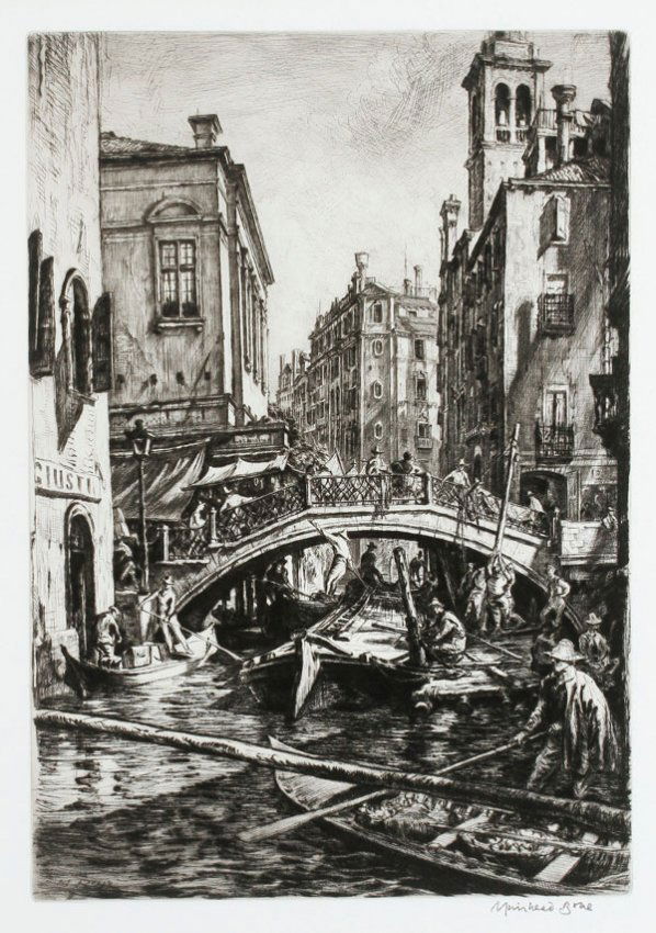 SIGNED ORIGINAL MUIRHEAD BONE ETCHING: MUIRHEAD BONE(British 1809-1880) Canal and Bridge of S.S. Apostoli, Venice Etching Signed in plate lower left and signed in pencil in lower right margin Impression (plate) 12.8 inches x 8.9 inches (32