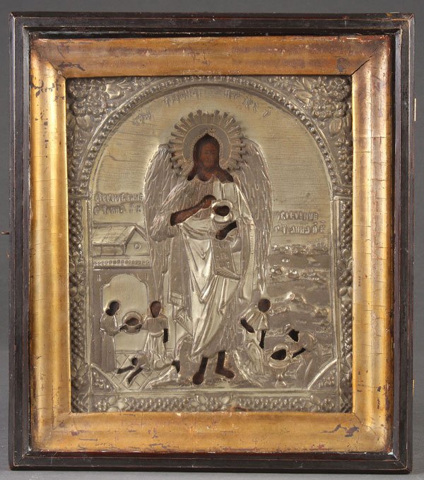A PAIR OF RUSSIAN ICONS, 19TH CENTURY. Comprising: A PAIR OF RUSSIAN ICONS, 19TH CENTURY. Comprising an icon of St. John the Baptist, overlaid with a repoussé metal riza inset within a glazed kiot. The icon 12.25 inches x 10.5 inches (31 x 26.5 cm). 