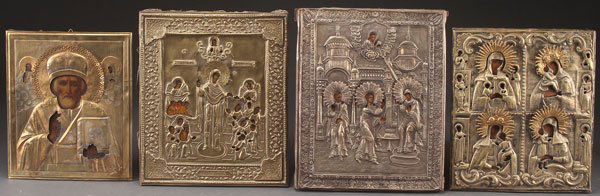 A GROUP OF FOUR RUSSIAN AND RUSSIAN STYLE ICONS,: A GROUP OF FOUR RUSSIAN AND RUSSIAN STYLE ICONS, 19TH AND 20TH CENTURY. Comprising an icon of the Mother of God Joy to All Who Sorrow with Coins, overlaid with a stamped metal riza, 12.25 inches x 10.