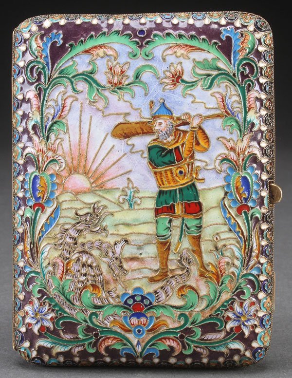 A BEAUTIFUL RUSSIAN SILVER-GILT AND SHADED ENAMEL: A BEAUTIFUL RUSSIAN SILVER-GILT AND SHADED ENAMEL CIGARETTE CASE, LIKELY LAST QUARTER OF THE 20TH CENTURY IN THE PAN SLAVIC STYLE. Both sides profusely decorated in shaded enamel with a floral framed