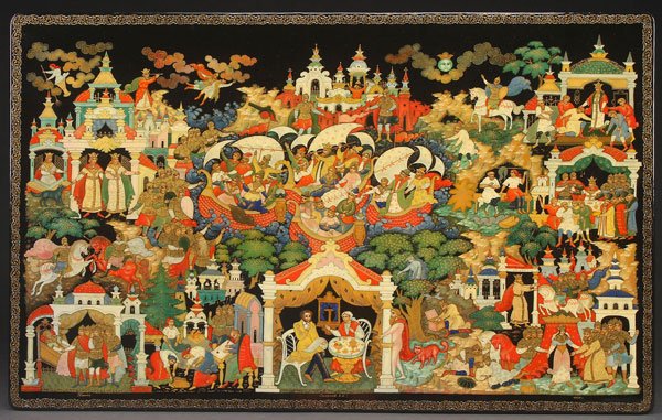 A LARGE AND IMPRESSIVE HAND PAINTED RUSSIAN LACQU: A LARGE AND IMPRESSIVE HAND PAINTED RUSSIAN LACQUER BOX, PALEKH. Artist signed V.I. Smirnov and dated 1999. The hinged lid exquisitely painted with a Pushkin tale and the sides banded in gilt decorati