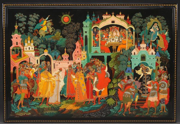 A MASSIVE HAND PAINTED RUSSIAN LACQUER BOX, PALEK: A MASSIVE HAND PAINTED RUSSIAN LACQUER BOX, PALEKH. The hinged lid exquisitely painted and the sides in shaded gilt decoration. Indistinguishable artist signature. 13.1 inches x 19 inches x 5.5 inches