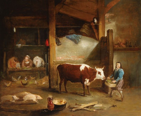 Old British Country Painting: Circle of GEORGE MORLAND(British 1763-1804)Interior Barn Scene with Animals and Figures Oil on canvasApparently unsigned25.25 inches x 30.25 inches (64.1 x 76.8 cm)