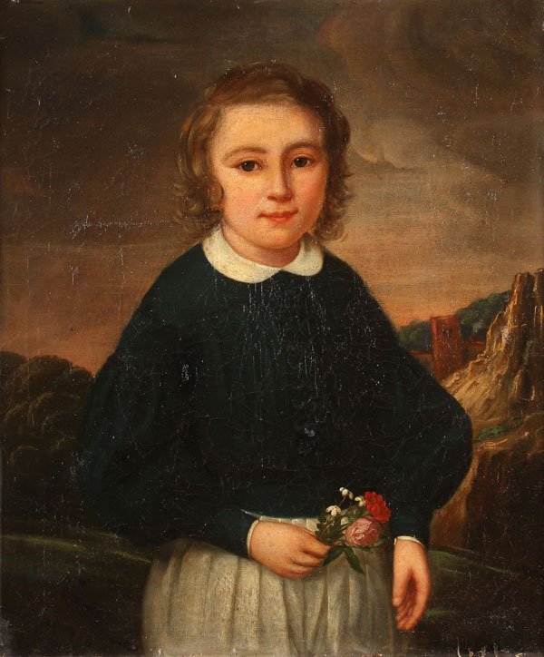 Old Child Portrait Oil Painting: BRITISH SCHOOL (19th century)Portrait of a Young Lad Holding Flowers Oil on canvas25.5 inches x 21.25 inches (64.8 x 53.9 cm); overall 31 inches x 27 inches (78.7 x 68.5 cm)
